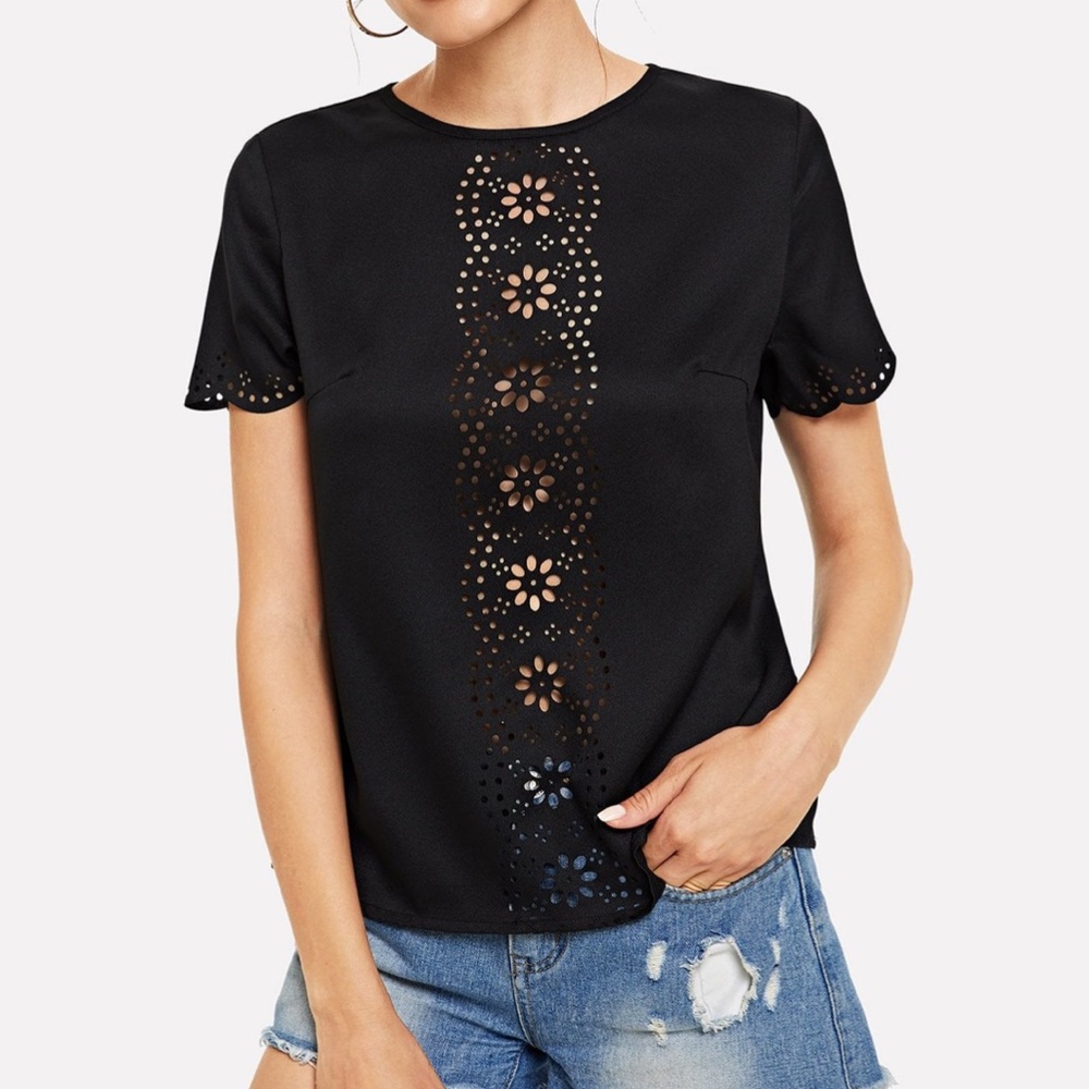 NEW Boho Black Scallop Trim Solid Top Cut Out